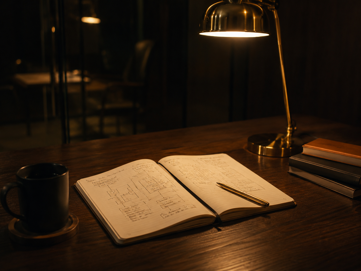 Dark walnut desk with hardcover notebook open showing handwritten architecture diagram, brass pen, single brass desk lamp casting warm pool
