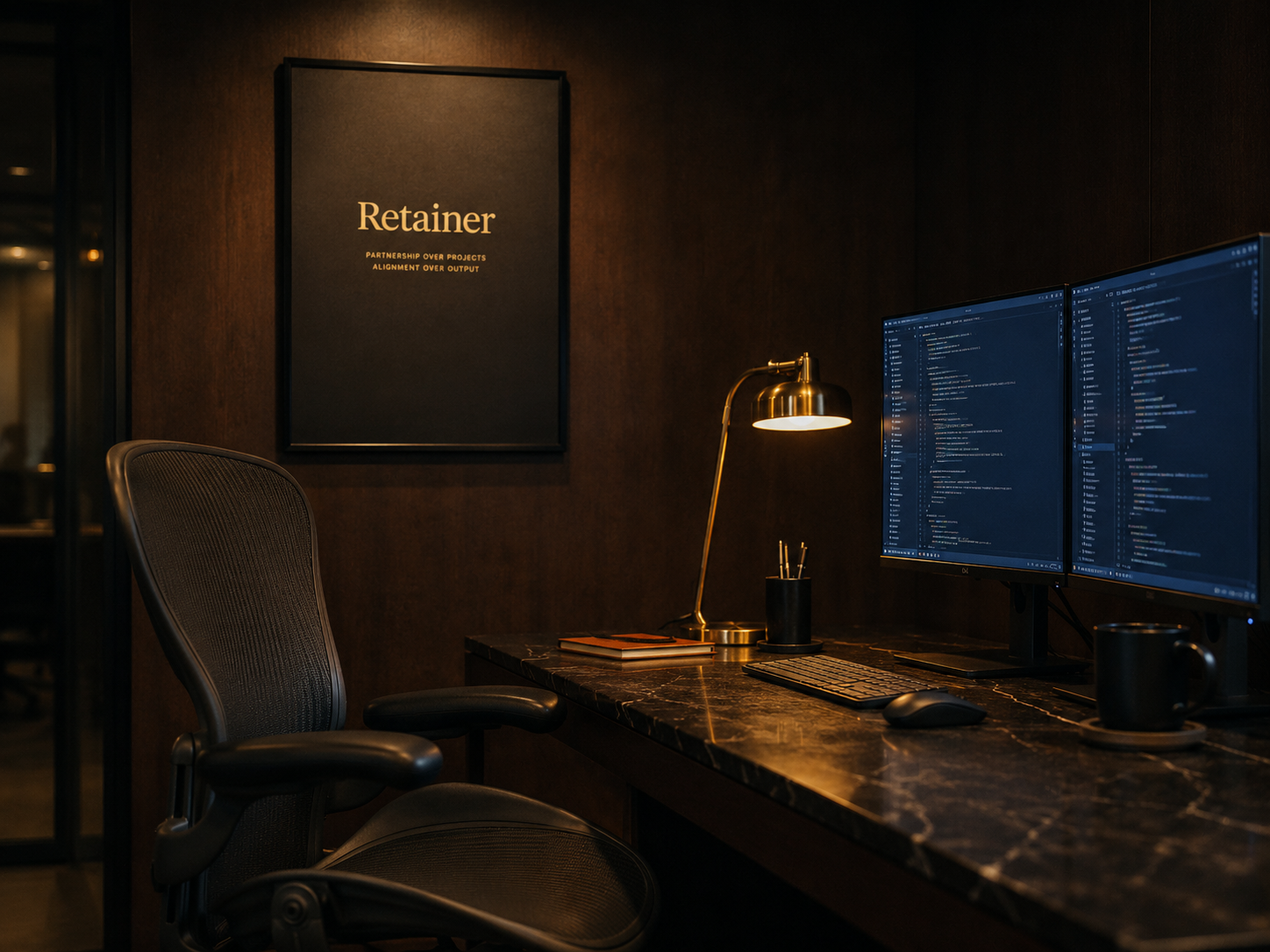 Yusuf's office: empty Aeron chair angled toward dual monitors with screen-glow, dark walnut wall with framed print, warm tungsten light