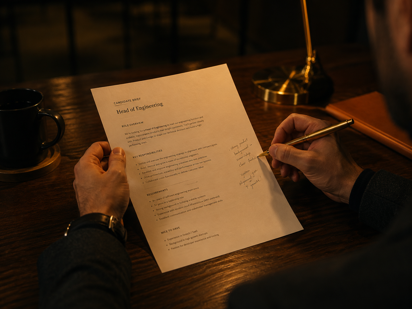 Hands holding a printed JD or candidate brief over dark walnut desk, brass pen mid-margin annotation, warm tungsten light