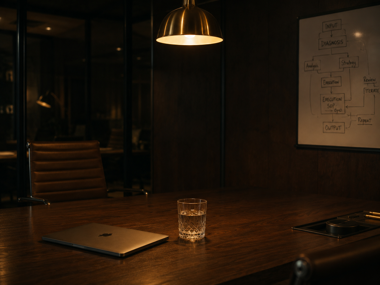Dark walnut conference table with empty crystal water glass, closed laptop, small whiteboard with sketched flowchart, single brass pendant