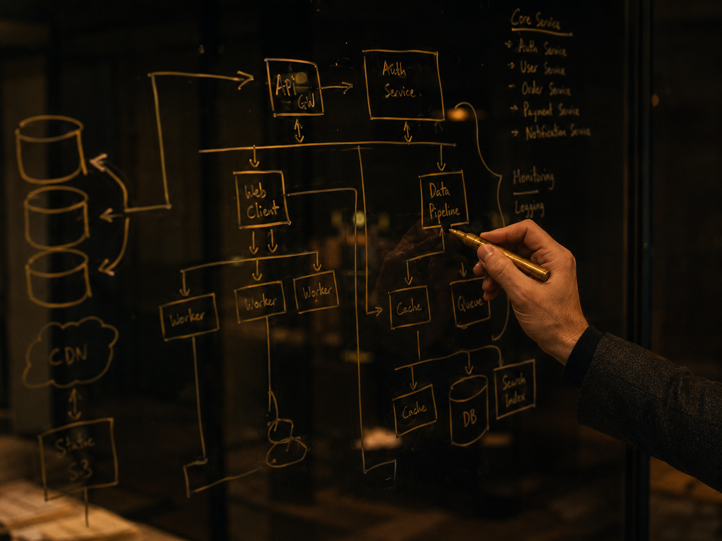 Large smoked-glass wall mid-architecture-diagram drawn in metallic-gold marker, hand holding marker mid-stroke, warm tungsten light