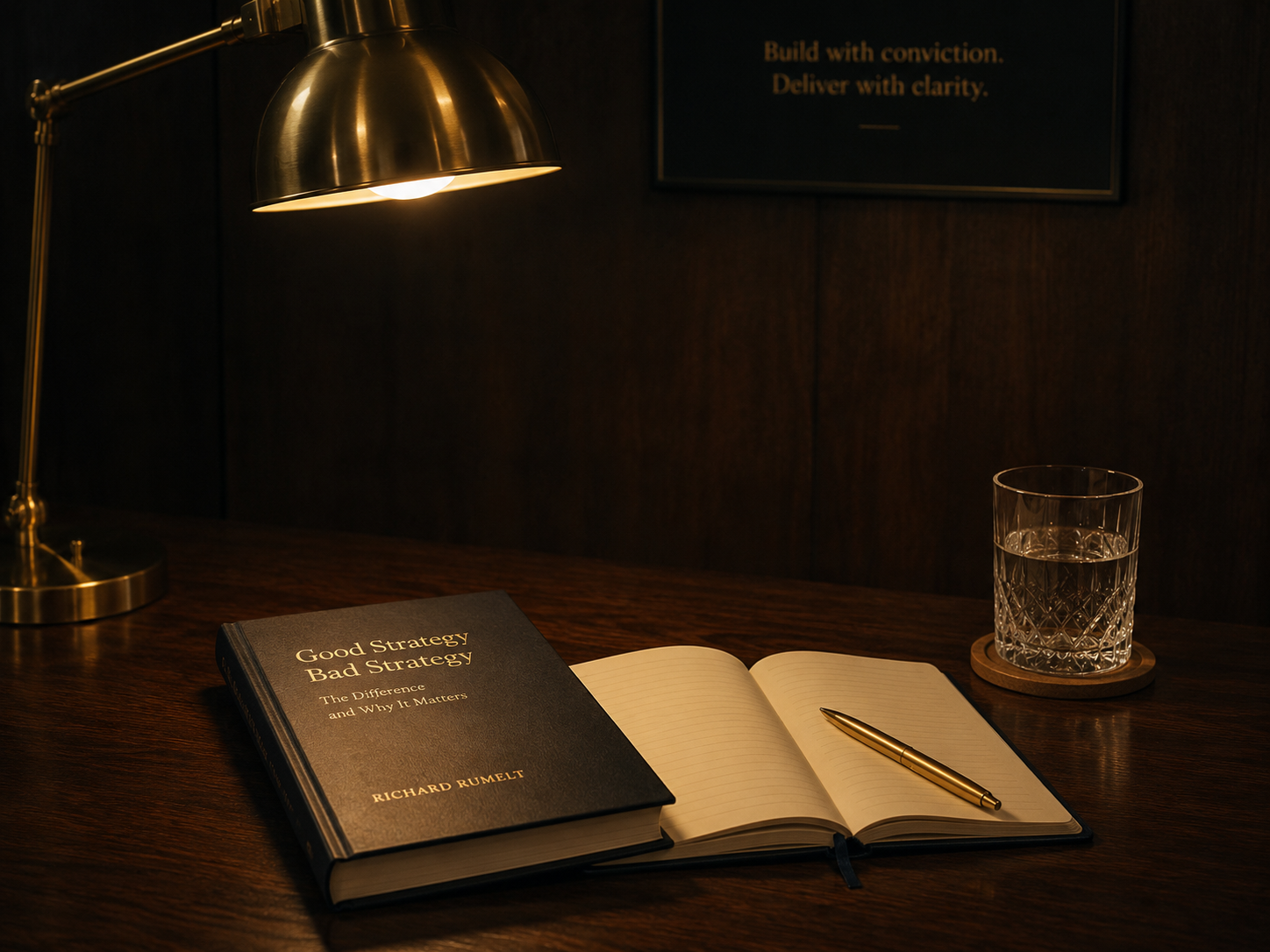 Simple dark walnut desk with a single book, notebook, brass pen, crystal glass of water, dark walnut wall behind, warm tungsten light
