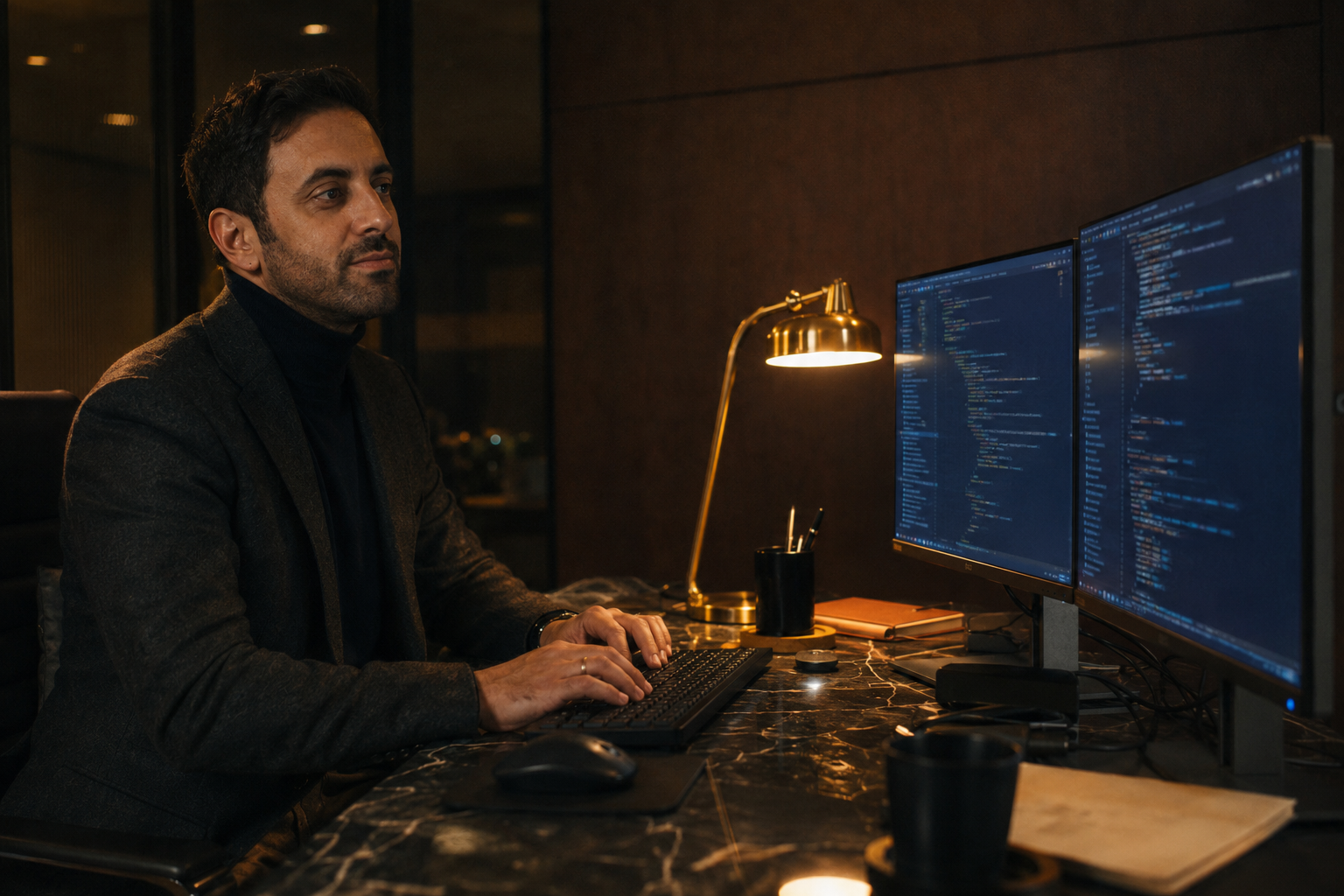 Yusuf at a smoked-glass desk reviewing dual monitors with warm cobalt syntax-highlighted code, brass desk lamp on, dark walnut wall behind, warm tungsten side light